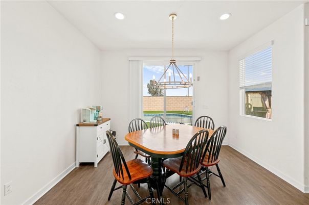Dining room, Interior, Pendant Lights, Recessed Lighting, Wood Texture Flooring