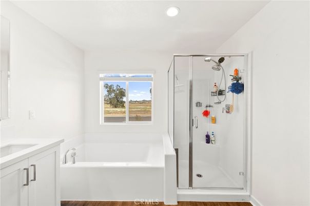 Bathroom, Glass Shower, Interior, Recessed Lighting, Wood Texture Flooring