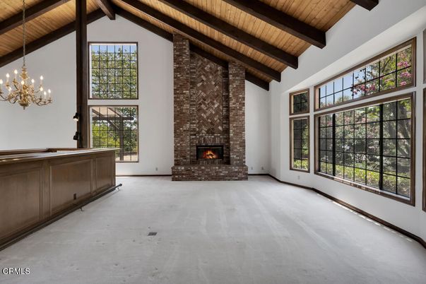 Chandelier, Empty room, Fireplace, Interior, Stone Walls, Wooden Beams, Wooden Ceilings