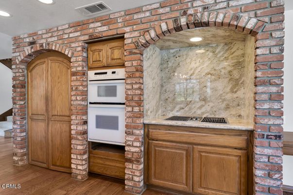 Interior, Kitchen, Recessed Lighting, Stone Walls, Wood Texture Flooring