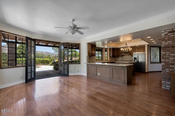 Chandelier, Empty room, Interior, Kitchen, Recessed Lighting, Stone Walls, Wood Texture Flooring