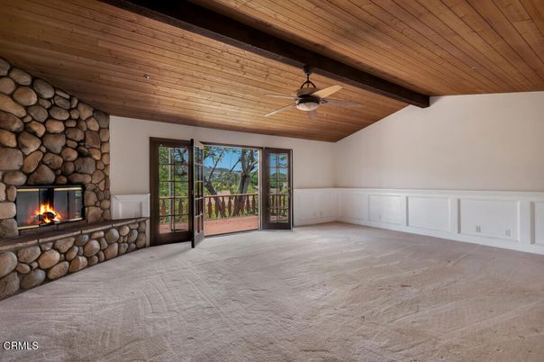 Empty room, Fireplace, Interior, Recessed Lighting, Wooden Beams, Wooden Ceilings
