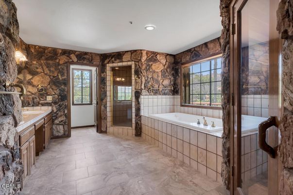 Bathroom, Glass Shower, Interior, Recessed Lighting, Stone Walls