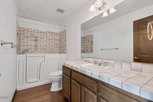 Bathroom, Interior, Tile Countertops, Wood Texture Flooring