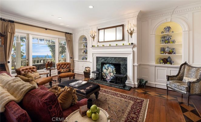 Fireplace, Interior, Living room, Recessed Lighting, Water, Wood Texture Flooring