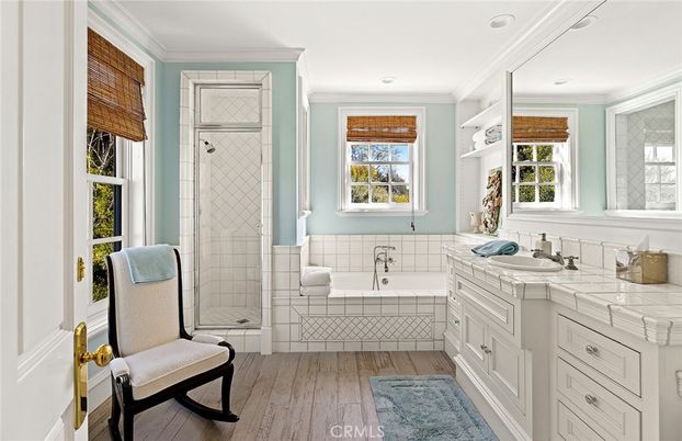 Bathroom, Glass Shower, Interior, Recessed Lighting, Tile Countertops, Wood Texture Flooring