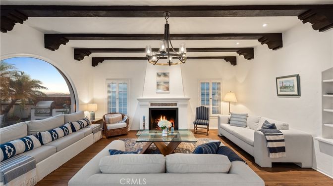 Chandelier, Fireplace, Interior, Living room, Recessed Lighting, Wooden Beams, Wood Texture Flooring