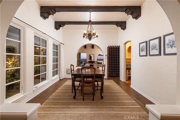 Chandelier, Dining room, Interior, Wooden Beams, Wood Texture Flooring