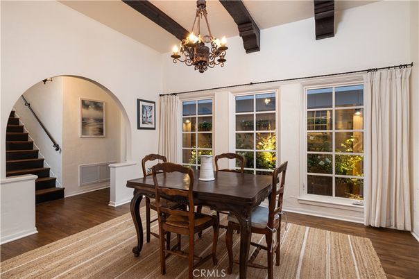 Chandelier, Dining room, Interior, Wooden Beams, Wood Texture Flooring