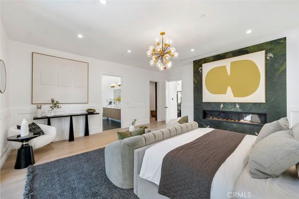 Bedroom, Fireplace, Interior, Pendant Lights, Recessed Lighting, Wood Texture Flooring