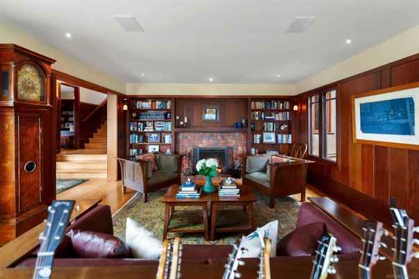 Fireplace, Interior, Living room, Recessed Lighting, Wood Texture Flooring, Wooden Walls
