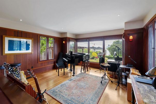 Interior, Piano, Recessed Lighting, Wood Texture Flooring, Wooden Walls