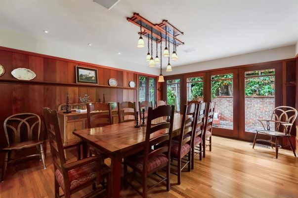 Dining room, Interior, Pendant Lights, Recessed Lighting, Wood Texture Flooring