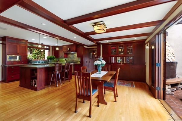 Dining room, Interior, Kitchen, Pendant Lights, Recessed Lighting, Wooden Beams, Wood Texture Flooring