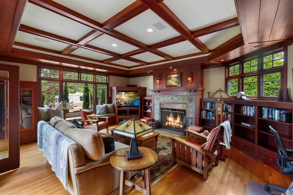 Fireplace, Interior, Living room, Recessed Lighting, Wooden Beams, Wood Texture Flooring