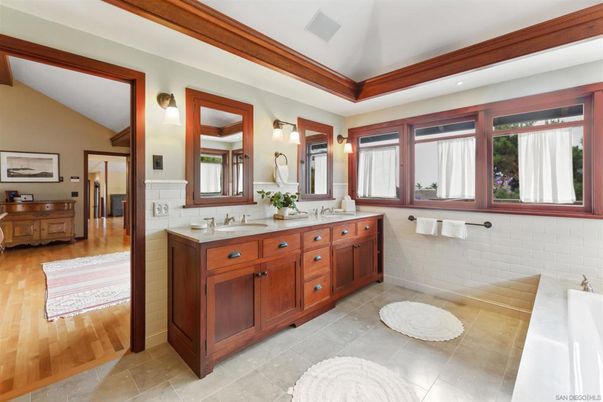 Bathroom, Dual Sink Vanities, Interior, Recessed Lighting, Wood Texture Flooring