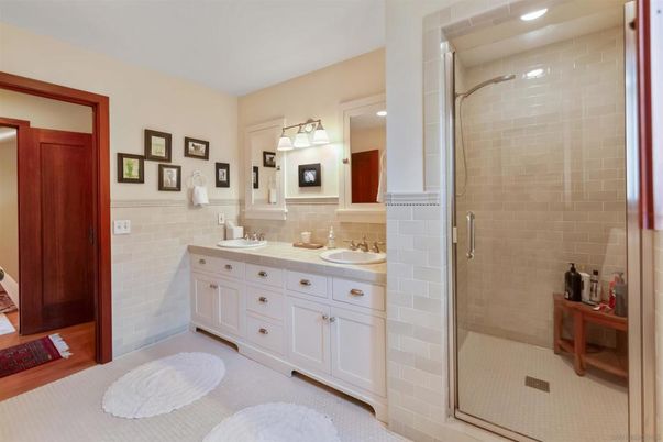 Bathroom, Dual Sink Vanities, Glass Shower, Interior, Recessed Lighting, Tile Countertops
