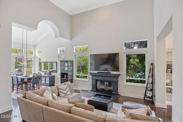 Dining room, Fireplace, Interior, Living room, Pendant Lights, Wood Texture Flooring