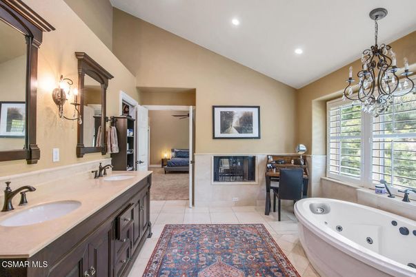 Bathroom, Chandelier, Dual Sink Vanities, Interior, Recessed Lighting