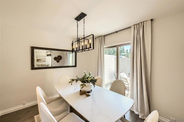 Dining room, Interior, Pendant Lights, Wood Texture Flooring