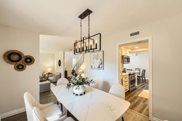Dining room, Interior, Kitchen, Pendant Lights, Recessed Lighting, Wood Texture Flooring