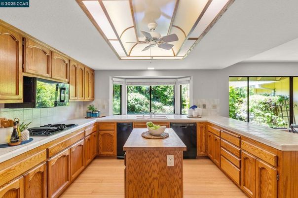 Interior, Kitchen, Tile Countertops, Wood Texture Flooring