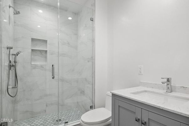 Bathroom, Glass Shower, Interior, Marble Walls, Recessed Lighting