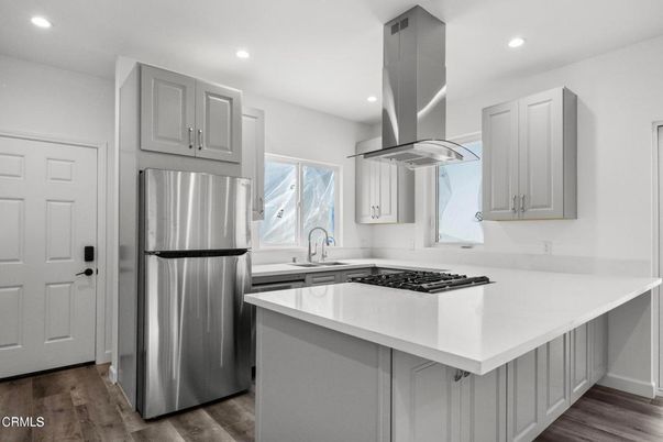 Interior, Kitchen, Recessed Lighting, Stainless Steel Appliances, Wood Texture Flooring