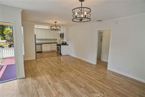 Chandelier, Empty room, Interior, Kitchen, Pendant Lights, Wood Texture Flooring