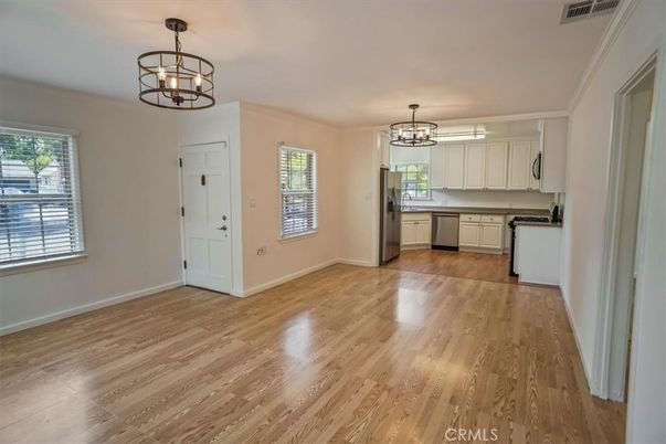 Chandelier, Empty room, Interior, Kitchen, Pendant Lights, Wood Texture Flooring
