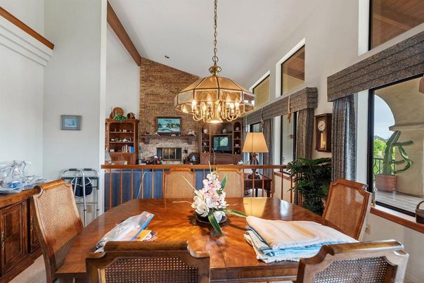 Dining room, Fireplace, Interior, Pendant Lights, Stone Walls