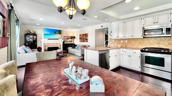 Fireplace, Interior, Kitchen, Living room, Recessed Lighting, Stainless Steel Appliances, Wood Texture Flooring