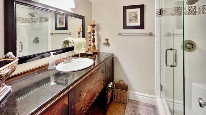 Bathroom, Glass Shower, Interior, Wood Texture Flooring