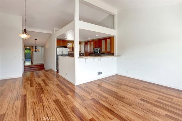 Empty room, Interior, Kitchen, Pendant Lights, Recessed Lighting, Wood Texture Flooring