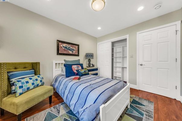 Bedroom, Interior, Recessed Lighting, Wood Texture Flooring