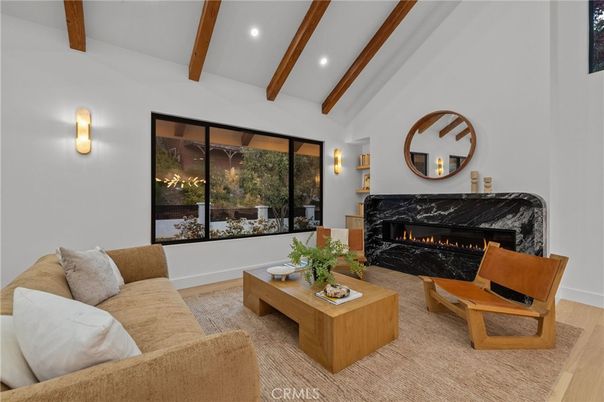 Fireplace, Interior, Living room, Recessed Lighting, Wooden Beams, Wood Texture Flooring