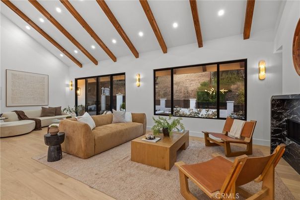 Interior, Living room, Recessed Lighting, Wooden Beams, Wood Texture Flooring