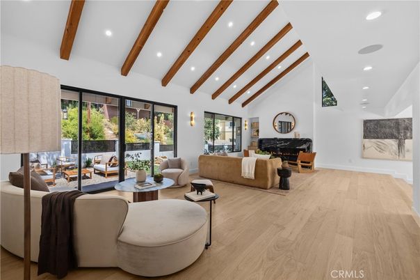 Fireplace, Interior, Living room, Recessed Lighting, Wooden Beams, Wood Texture Flooring