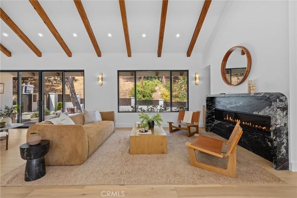 Fireplace, Interior, Living room, Recessed Lighting, Wooden Beams, Wood Texture Flooring