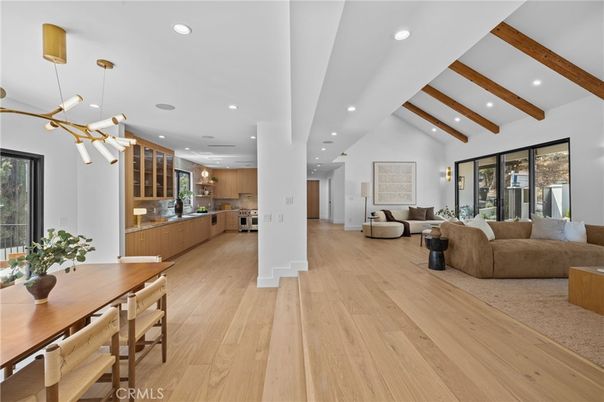 Dining room, Interior, Kitchen, Living room, Pendant Lights, Recessed Lighting, Stainless Steel Appliances, Wooden Beams, Wood Texture Flooring