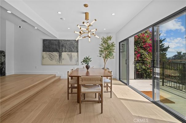 Dining room, Interior, Pendant Lights, Recessed Lighting, Wood Texture Flooring