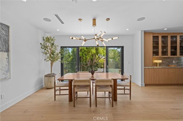 Dining room, Interior, Pendant Lights, Recessed Lighting, Wood Texture Flooring