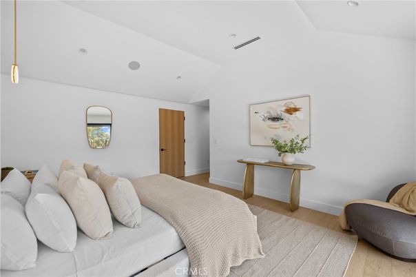Bedroom, Interior, Pendant Lights, Recessed Lighting, Wood Texture Flooring