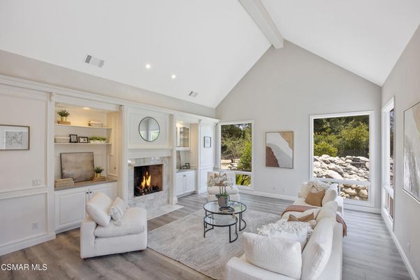 Fireplace, Interior, Living room, Recessed Lighting, Wood Texture Flooring
