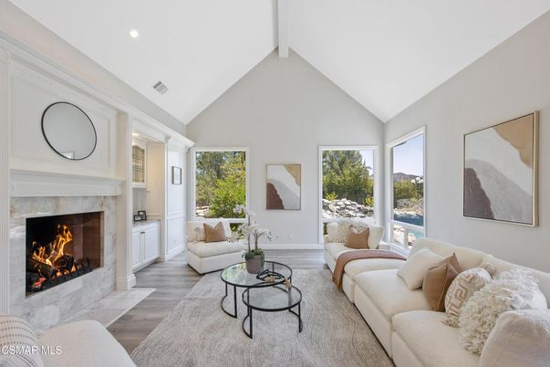 Fireplace, Interior, Living room, Recessed Lighting, Wood Texture Flooring