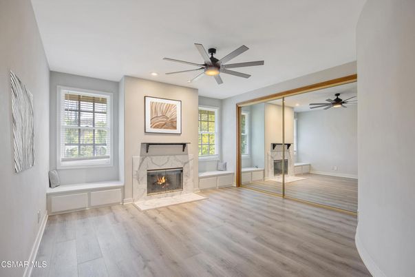 Empty room, Fireplace, Interior, Recessed Lighting, Wood Texture Flooring