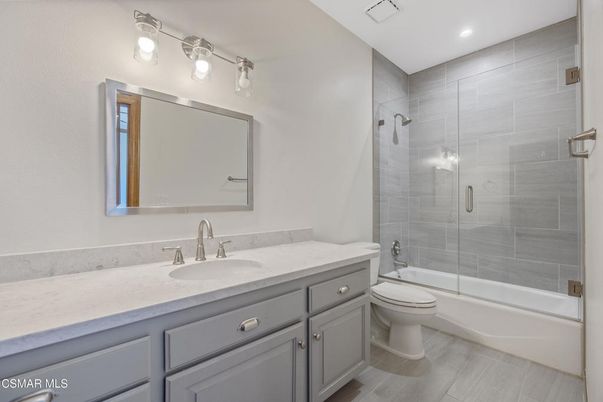 Bathroom, Glass Shower, Interior, Recessed Lighting, Wood Texture Flooring