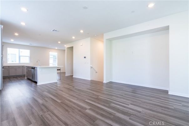 Empty room, Interior, Kitchen, Recessed Lighting, Wood Texture Flooring