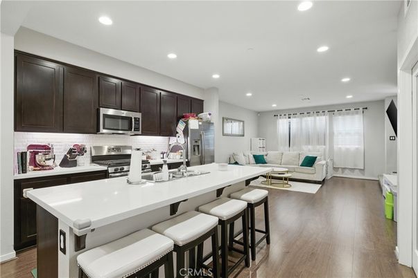 Interior, Kitchen, Living room, Recessed Lighting, Stainless Steel Appliances, Wood Texture Flooring