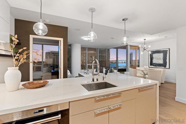 Dining room, Interior, Kitchen, Pendant Lights, Stainless Steel Appliances, Water, Wood Texture Flooring
